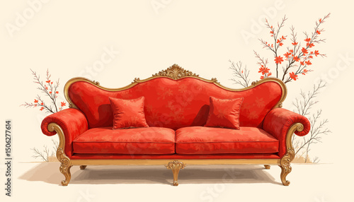 Elegant Red Velvet Sofa with Gold Accents and Blossoms