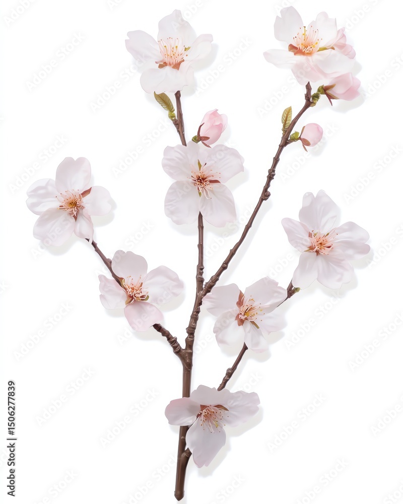 Fototapeta premium Delicate cherry blossom branch with pink petals on a white background, perfect for floral designs, botanical prints, nature themes, springtime concepts, and minimalist stock images.