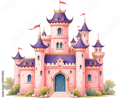 Enchanted Pink Castle with Purple Roofs and Red Flags