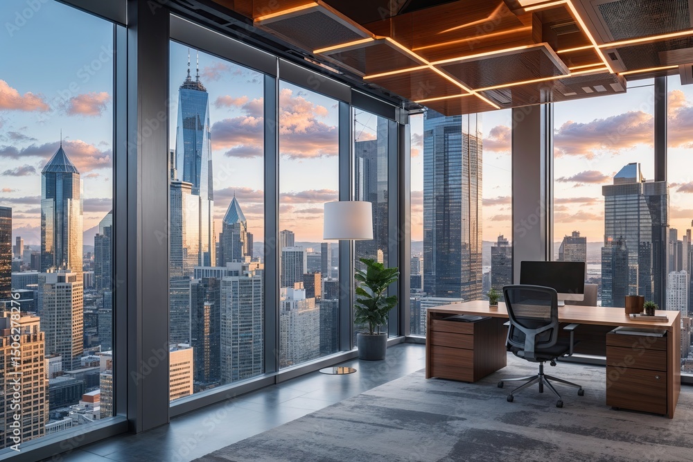 Trendy Office Space Nestled Among Elegant Skyscrapers in a Lively Urban Setting Trendy Office Space Nestled Among Elegant Skyscrapers in a Lively Urban Setting