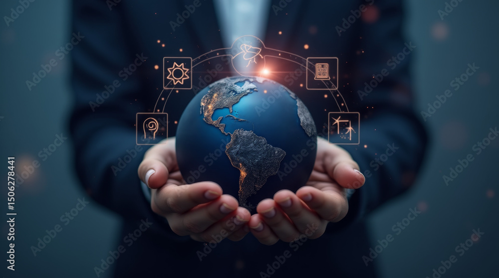businessman holding a globe with world meaning technology for everyone and for the earth businessman holding a globe with world meaning technology for everyone and for the earth