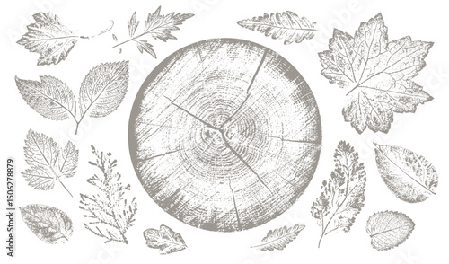 Trendy floral branch tree rings and grass for logo or decorations. Hand drawn line elegant leaves for invitation card. Botanical rustic trendy vector art.