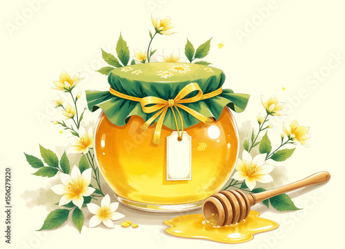 Golden Honey Jar with Floral Surrounding and Dripping Honey
