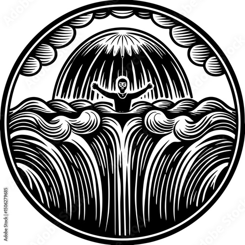 Monochrome Illustration of a Person in Water Under a Waterfall in a Circle
