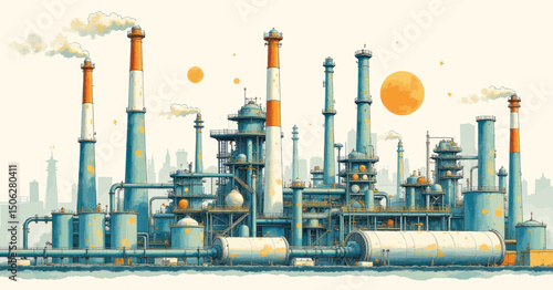 Industrial Sunset: Blue Factory with Orange Skies and Smoke
