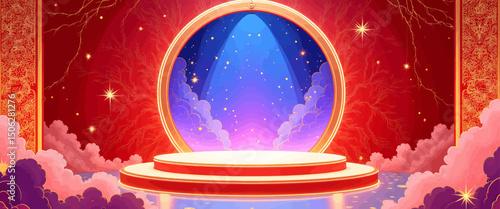 Magical Stage in Celestial Clouds with Golden Frames