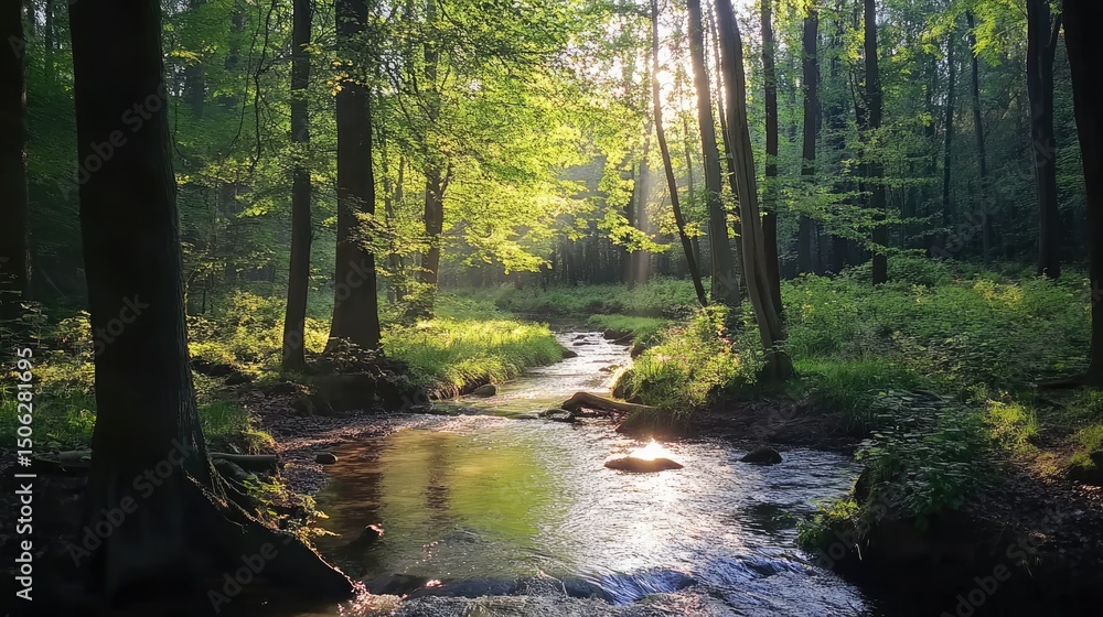 Fototapeta premium Sunlit Stream in a Lush Forest: A Serene Escape