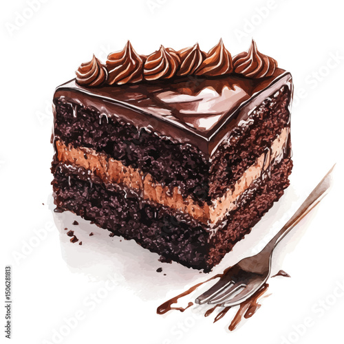 Chocolate Cake, watercolor painting vector, high quality, isolated on a white background.