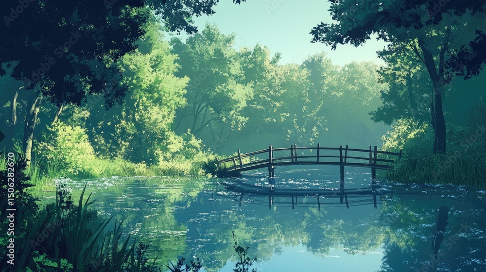 Fototapeta premium Tranquil Pond, Serene Bridge, Lush Forest