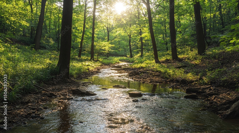 Fototapeta premium Sunlit Stream in a Lush Forest: A Serene Nature Escape
