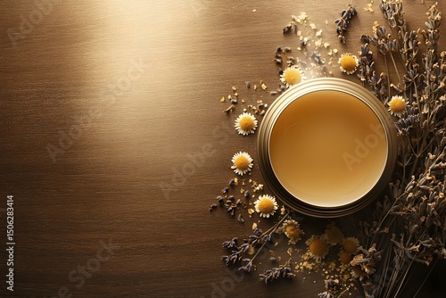 Herbal Healing Balm aerial view with Dried Chamomile and Lavender on Wooden Background with Copy Space.