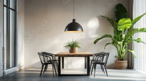 Modern Minimalist Dining Room Interior Design with Natural Light and Greenery