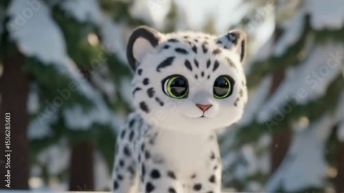 Cute Animated Snow Leopard Cub in Winter Forest