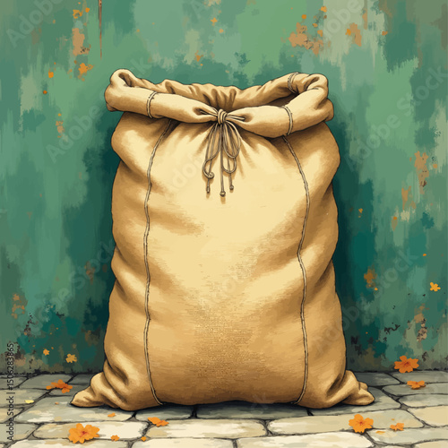 Rustic Sack against Aged Green Wall with Fallen Leaves