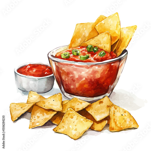 Chips And Dip, watercolor illustration vector, high quality, isolated on a white background.