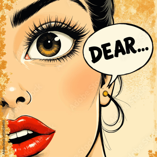 "Striking Eye with Bold Red Lips Whispering 'Dear...' in Vintage Style"