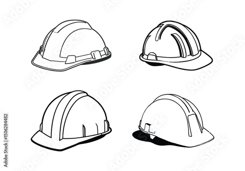 Safety helmet icon, helmet symbol, construction helmet silhouette, black and white color illustration.