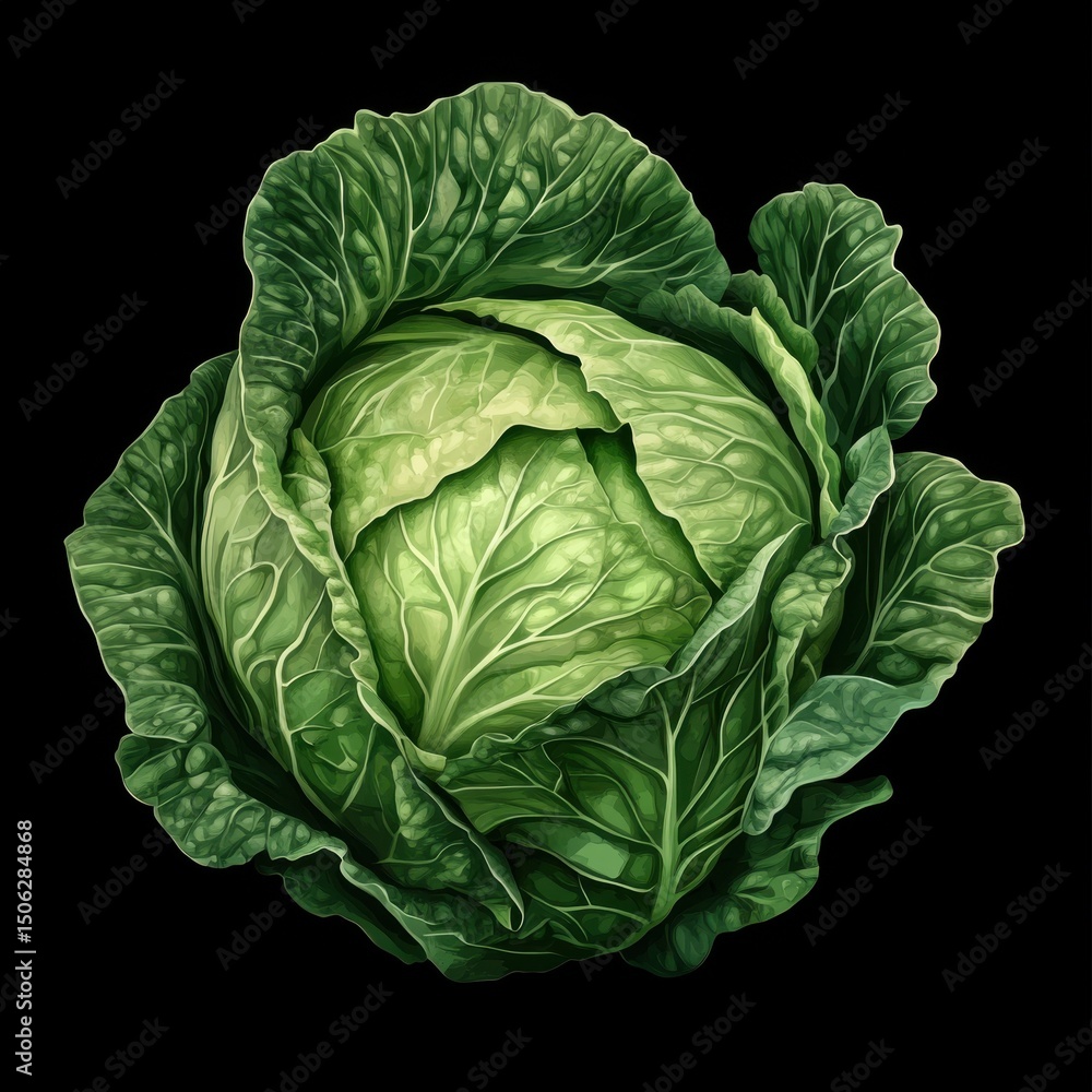 Fototapeta premium Cabbage in realistic color paintings, no splash, the illustration should be isolated on black background