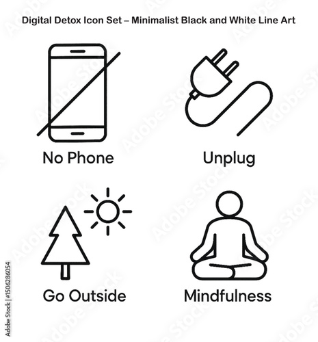 Digital Detox Icon Set – Minimalist Black and White Line Art