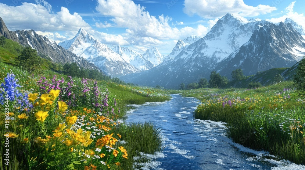 Fototapeta premium Serene Mountain River Landscape: A Breathtaking View of Alpine Meadow, Blooming Flowers and Crystal River Flowing Through Majestic Snow-Capped Mountains Under a Bright Sunny Sky