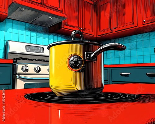 Yellow Saucepan on Red Countertop in Stylized Kitchen