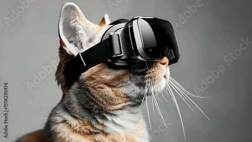 A curious tabby cat dons sleek virtual reality headset, gazing upwards as if exploring digital world with interest and intrigue.
