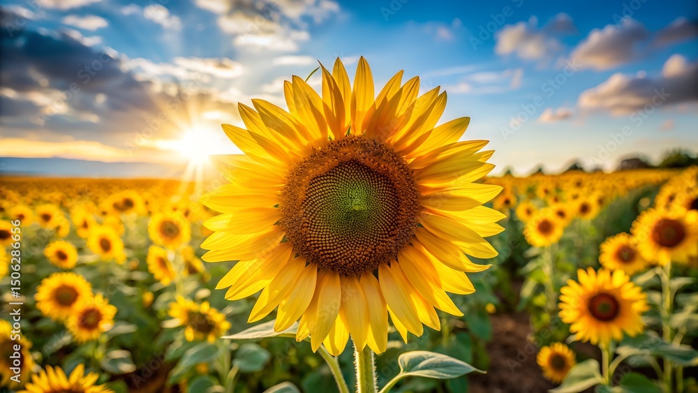 A bright, sun-drenched close-up of a single sunflower with a field of blurred sunflowers in the background.
A bright, sun-drenched close-up of a single sunflower with a field of blurred sunflowers in the background.