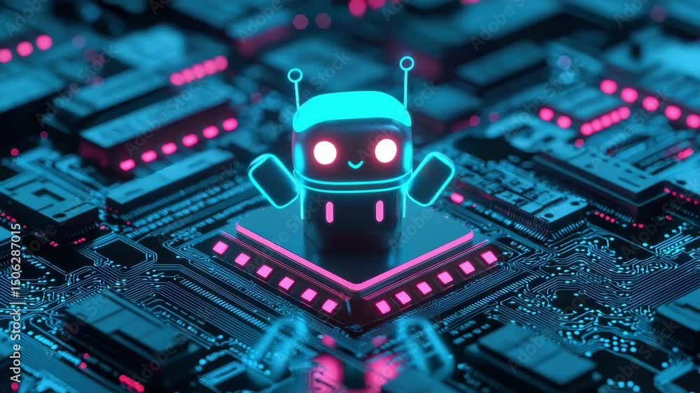 Cute Robot on Neon Circuit Board Digital Technology and AI Concept Cute Robot on Neon Circuit Board Digital Technology and AI Concept