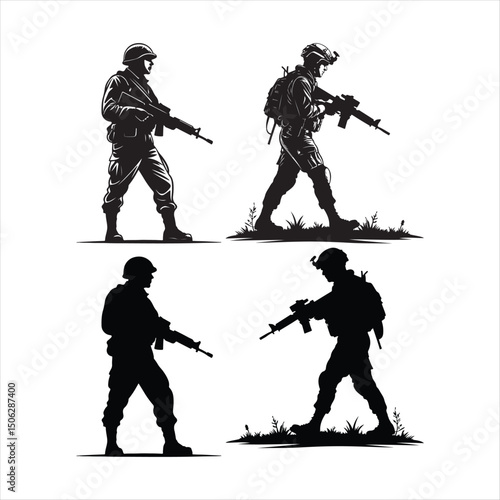 Silhouette vector set of American soldier holding gun. On white background