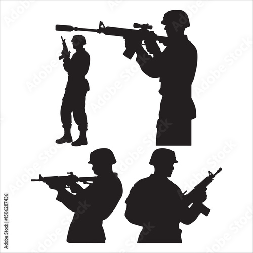 Silhouette vector set of American soldier holding gun. On white background