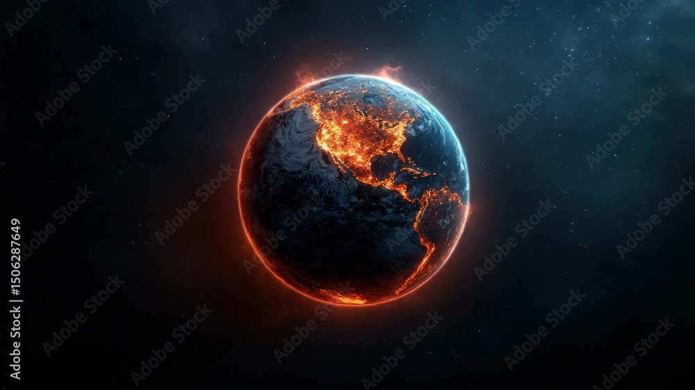 Burning Planet Earth in Space Dramatic fiery global warming concept Burning Planet Earth in Space Dramatic fiery global warming concept