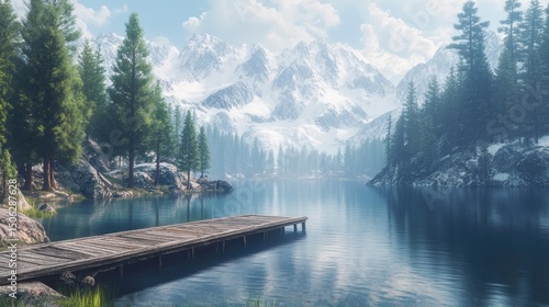 Serene Mountain Lake with Wooden Dock, Picturesque Winter Scenery