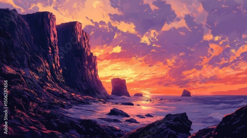 Majestic Coastal Cliffs at Sunset: A Vibrant Seascape