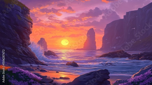 Majestic Sunset Coastal Scene: Vibrant Orange Hues Paint the Sky Above Dramatic Cliffs and a Serene Ocean