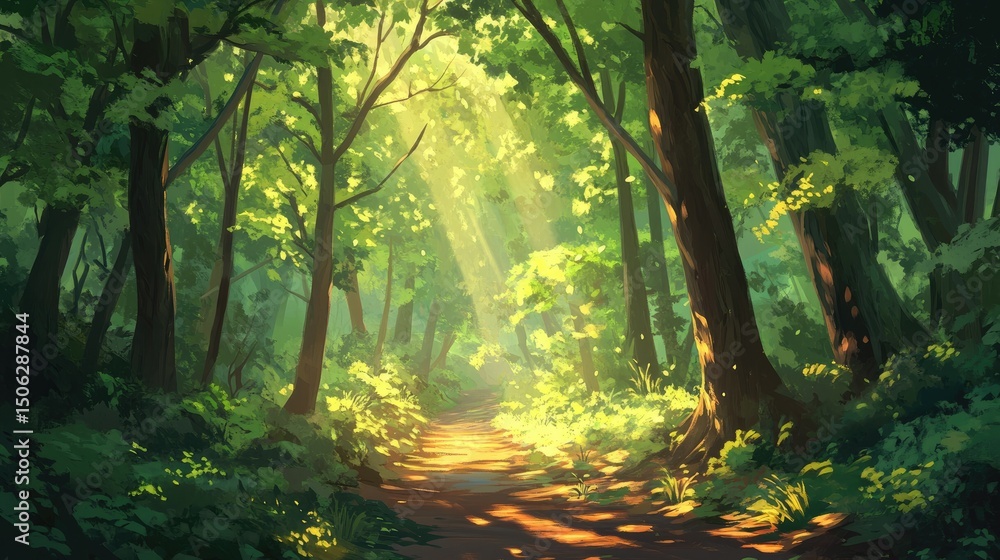 Obraz premium Sunlit Forest Path: A Digital Painting of Tranquil Nature