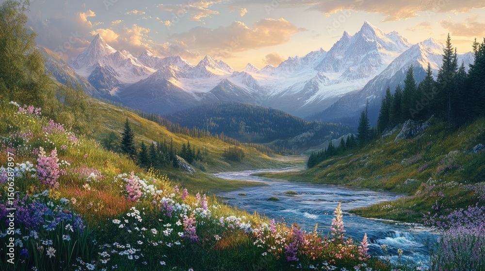 Fototapeta premium Majestic Mountain River Landscape: Serene Sunset Over Alpine Meadow