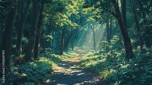Sunbeams Filtering Through Lush Forest Path: A Serene Woodland Escape