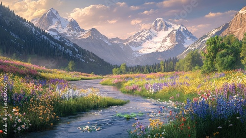Serene Mountain Meadow: A Breathtaking Vista of Blossoms and Peaks