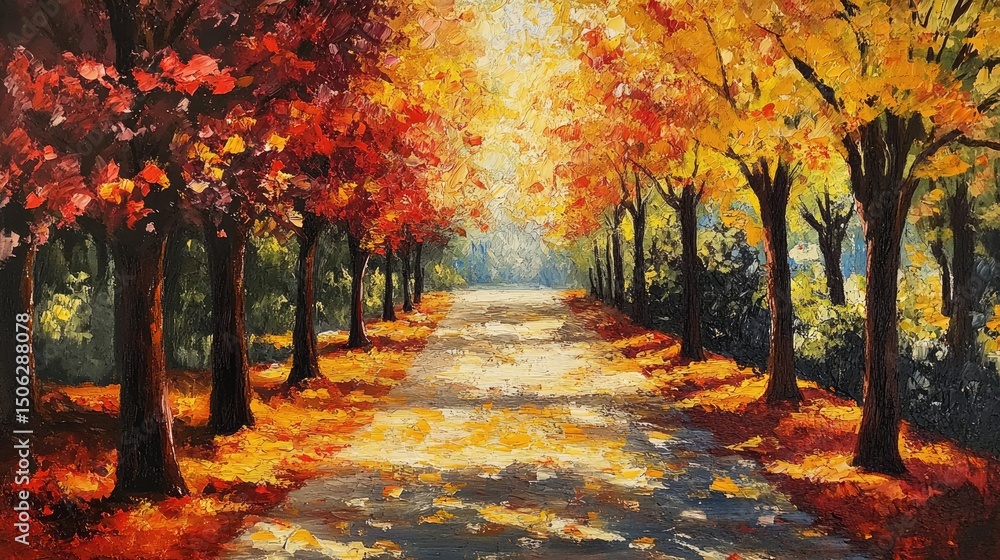 Naklejka premium Autumnal Pathway: A Vivid Oil Painting of a Sunlit Road Through Colorful Trees
