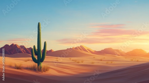 Majestic Desert Sunset: Lone Cactus Silhouette Against Vibrant Sky