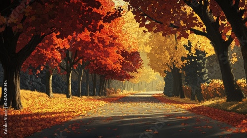 Autumnal Road: A picturesque lane lined with vibrant red and gold foliage, bathed in the warm glow of sunlight, creates a serene and idyllic autumn scene.