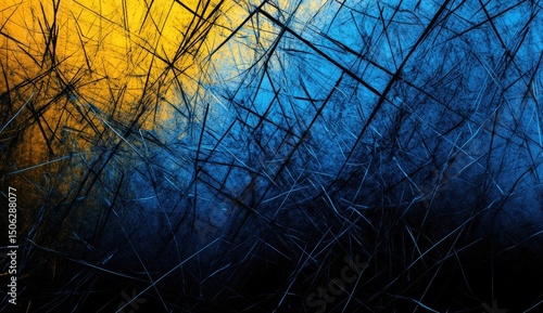 Abstract digital art with crisscrossing lines in vibrant blue and yellow