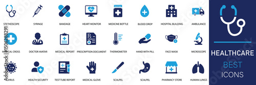  Healthcare icon set. Featuring doctor, diagnosis, emergency, prevention, treatment, and digital health concepts. Ideal for telemedicine apps, clinic websites, medical infographics, and modern UI.