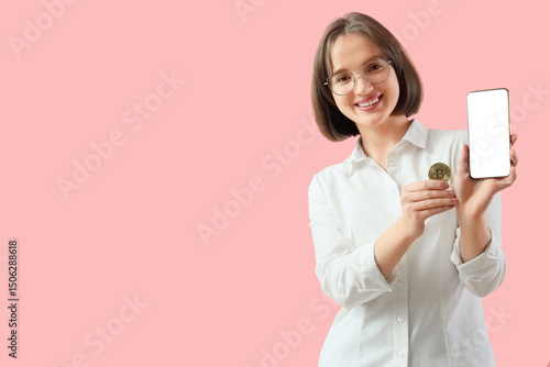 Young woman with bitcoin an...