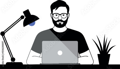 This black and white illustration features a bearded man working on a laptop at a desk, illuminated by a lamp and with a plant nearby. 
