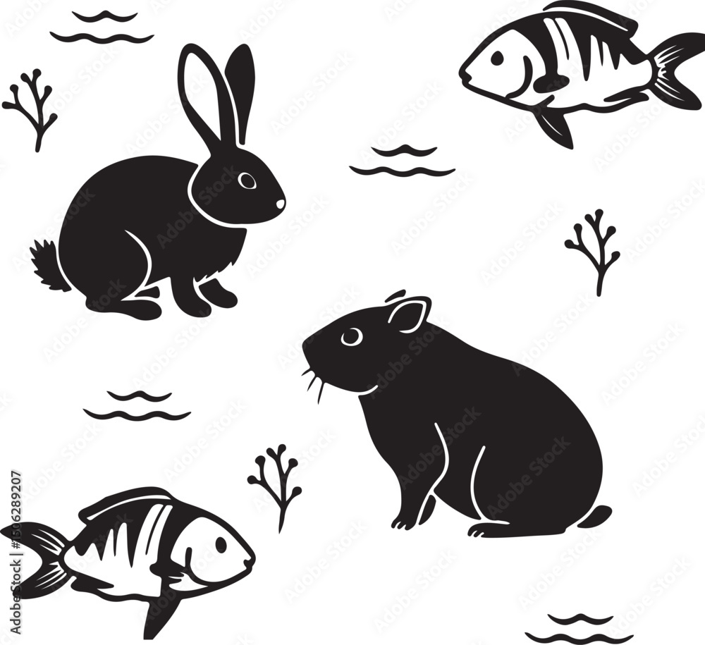 Seamless Pattern with Rabbit, Hamster, Guinea Pig Silhouettes Seamless Pattern with Rabbit, Hamster, Guinea Pig Silhouettes