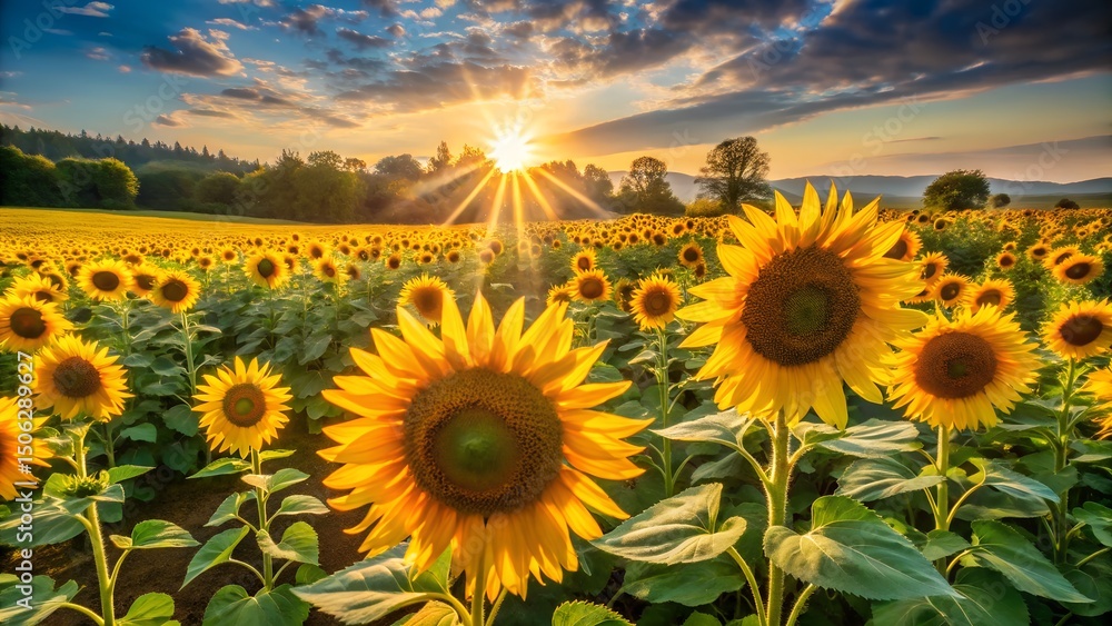 Obraz premium Sunflowers stretch across a field, bathed in the warmth of the sun's rays.