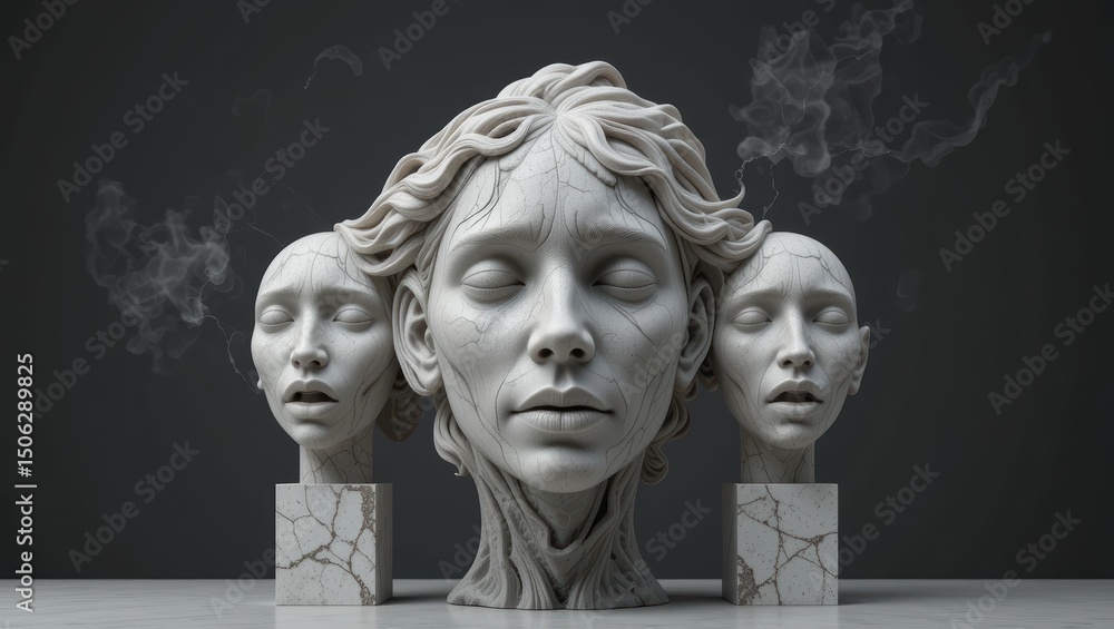 Obraz premium Abstract Sculpture of Three Human Heads with Intricate Designs and Monochrome Texture