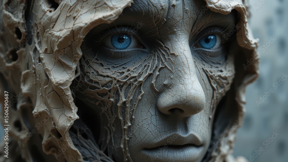 Close-Up Portrait of an Artistic Representation of a Human-Like Face with Intricate Texture and Blue Eyes Close-Up Portrait of an Artistic Representation of a Human-Like Face with Intricate Texture and Blue Eyes