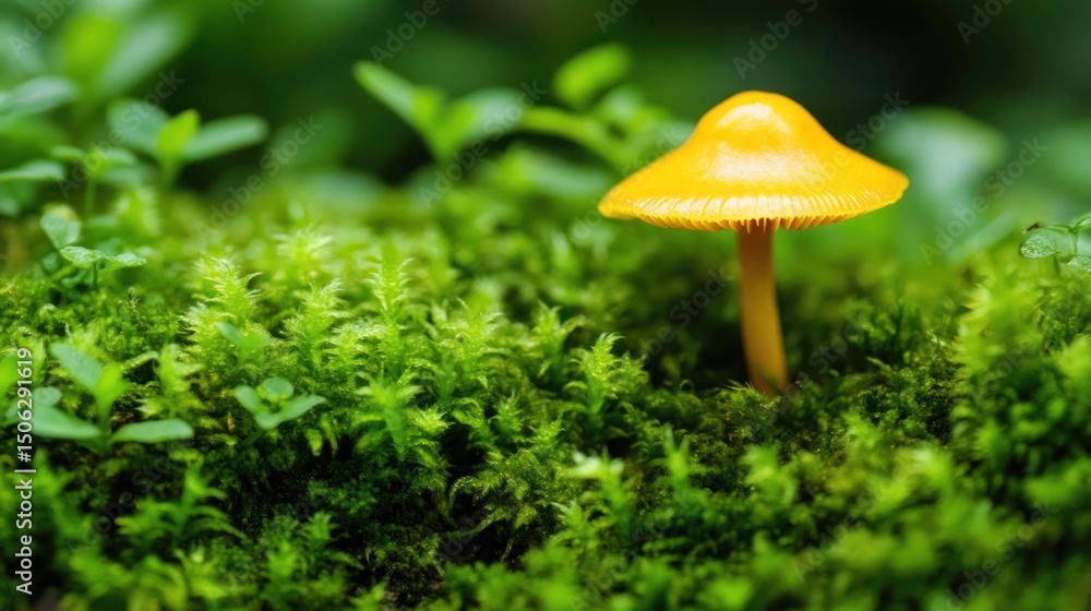 Bright Yellow Mushroom Growing on Lush Green Moss in Forest Bright Yellow Mushroom Growing on Lush Green Moss in Forest